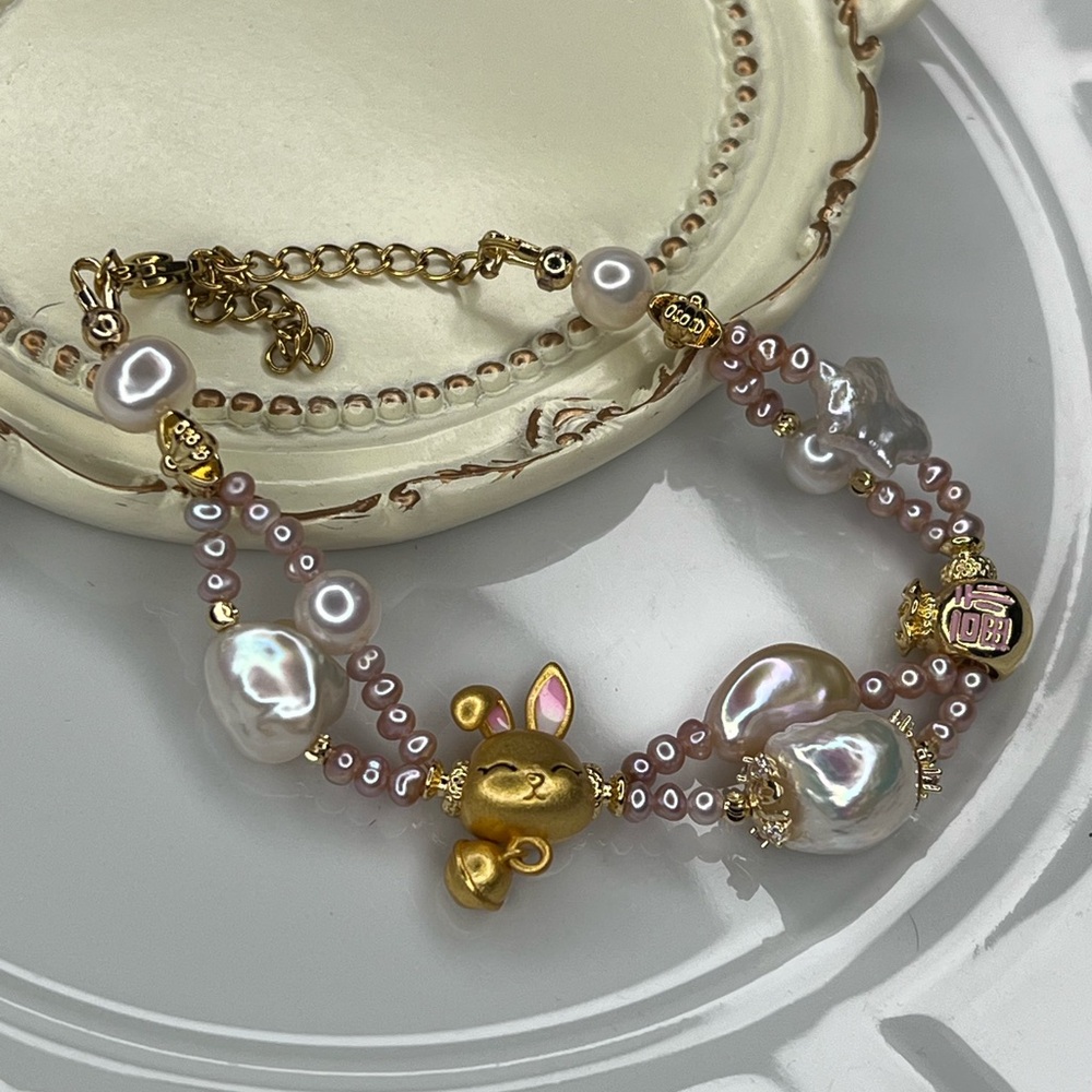 Handcrafted High Quality Freshwater Double Braided Pink White Pearls Bracelet 🐇 - Picture 3 of 5